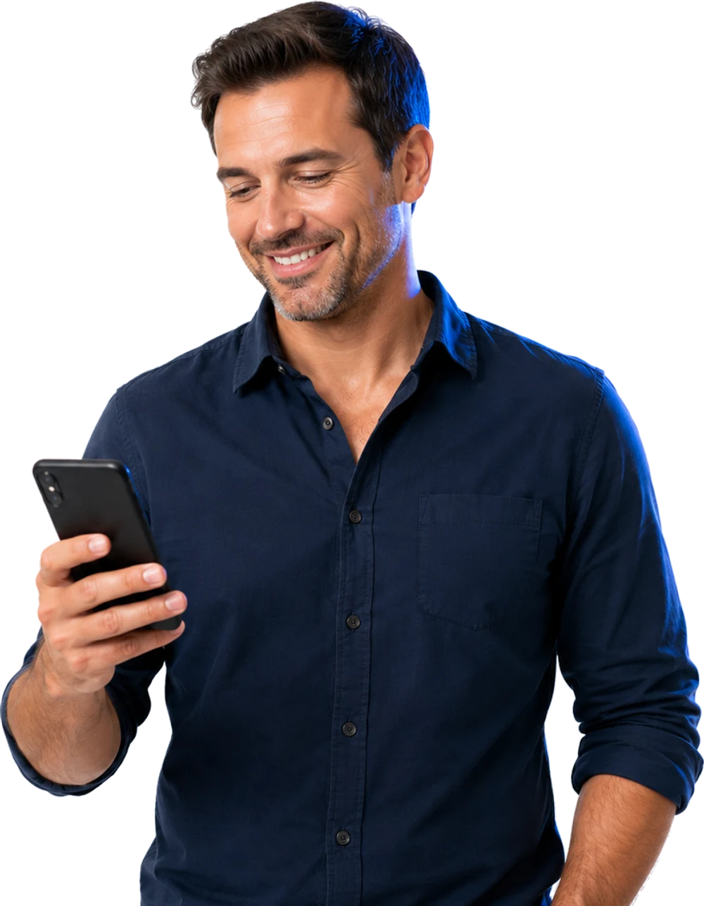 Business owner smiling at his phone after his AI agent booked a customer